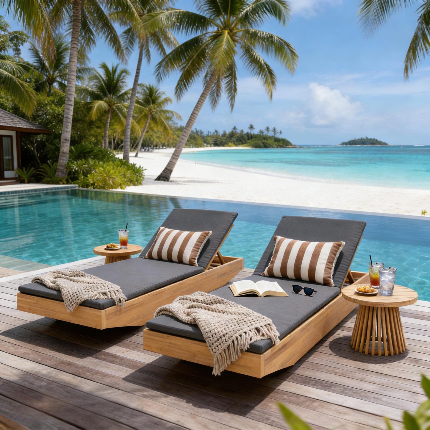 Acacia Wood Chaise Lounge With 2-Fold Thin Cushion - Teak Finish Outdoor Recliner With Dark Grey Water-Repellent Cushion, 79.6  L X 29  W, 300 Lbs