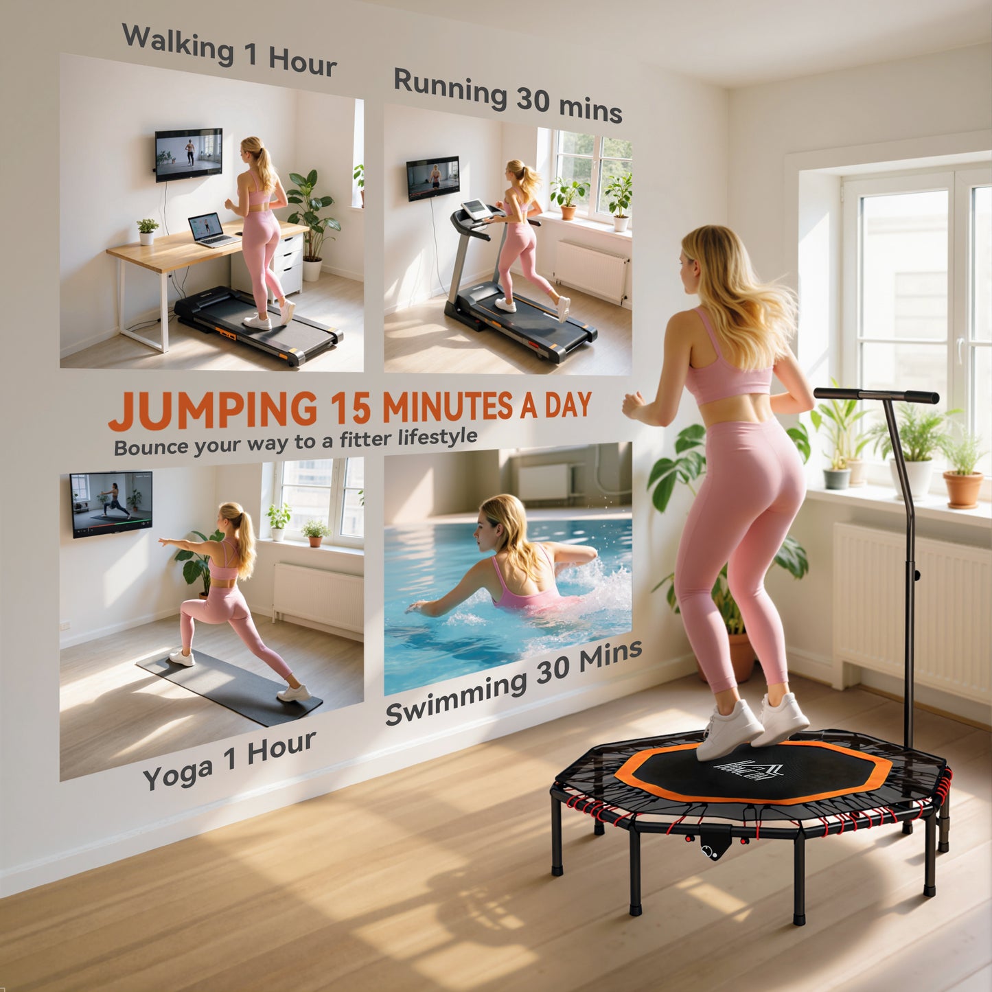 Fitness Trampoline, Bouncer With Adjustable Handle, Max Load 150 Kg