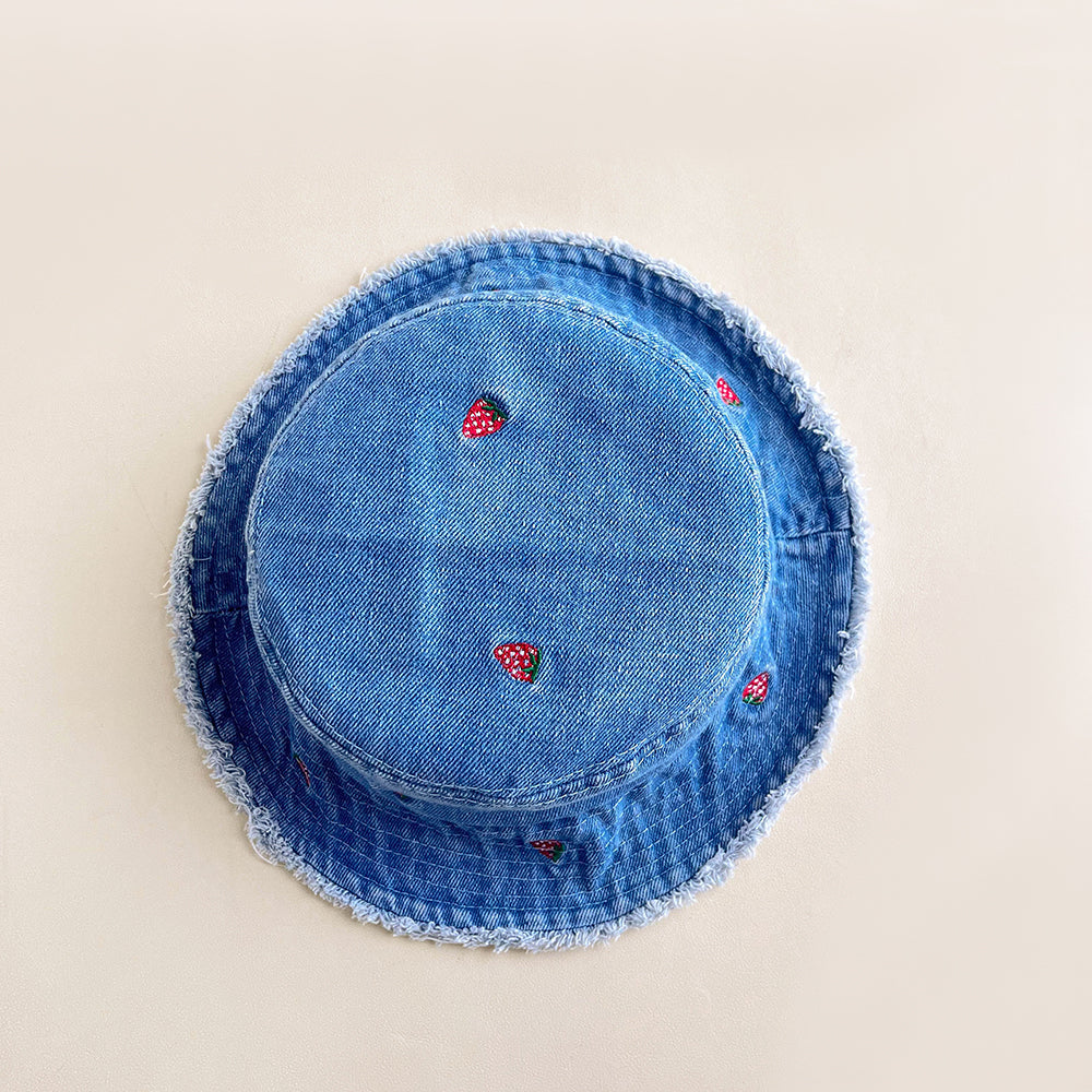 Retro Washed-edge Denim Fisherman Hat With Embroidered Strawberry Flowers And Washed-edge Trim. Outdoor Casual Sun Hat