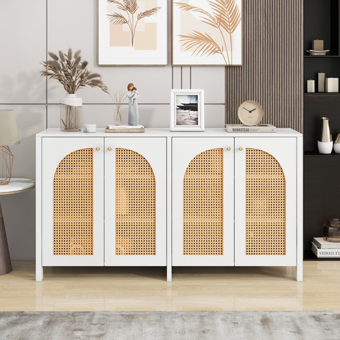 Modern Minimalist Style Sideboard 4-Rattan Door, Metal Handle Simple Buffet Cabinet For Dining Room, Living Room, Kitchen  White