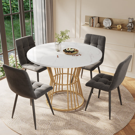 Dining Table Set  5-piece , Dining Table Set With 4 Chairs, Kitchen Table Set, Round Dining Table With 100 Cm Diameter And Golden Metal Legs, White MDF Table Top, Gray Velvet Dining Chairs