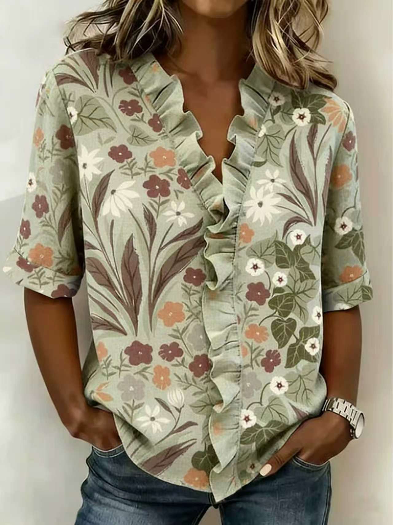 Printed Womens Fashion Floral V-neck Shirt