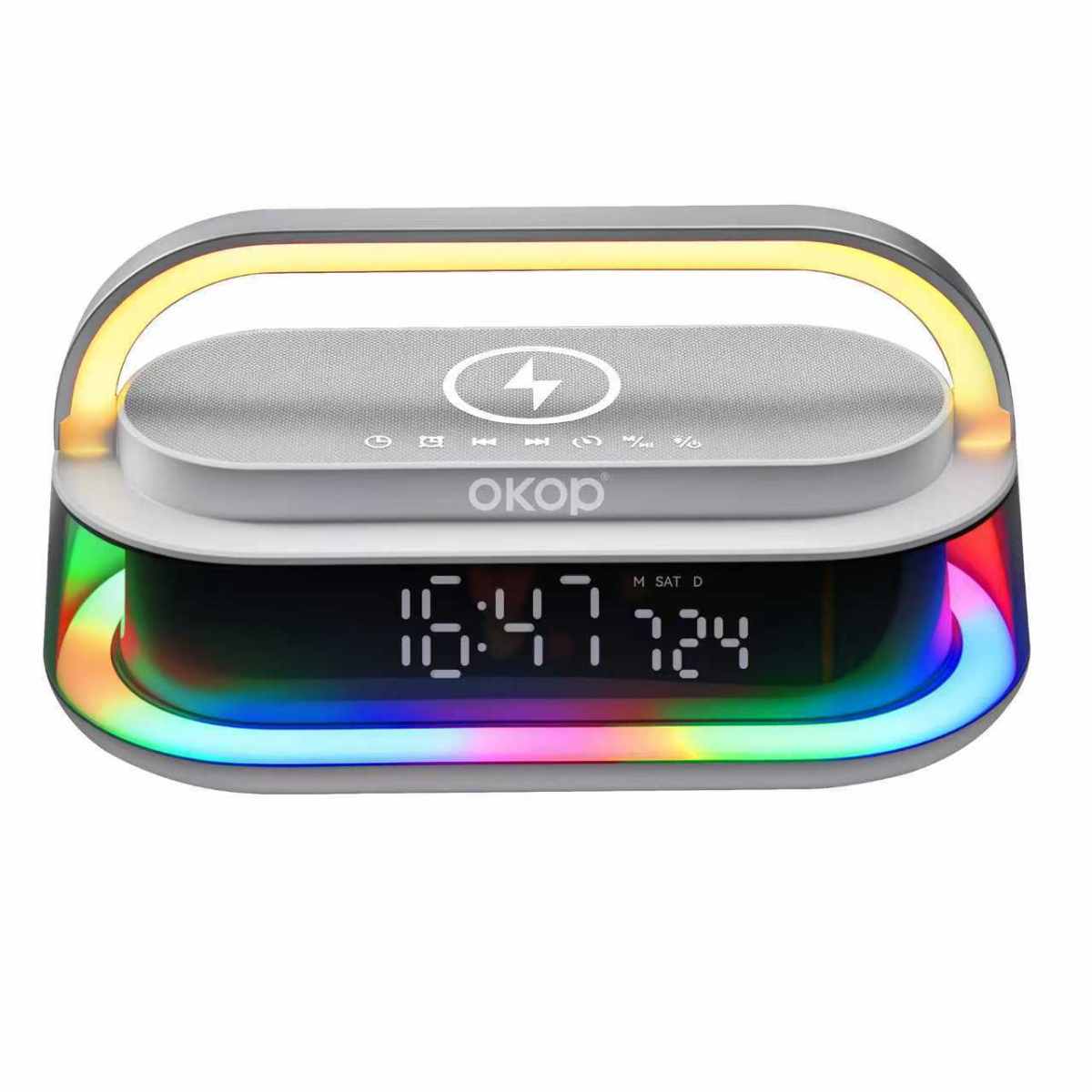 KP-575 Bluetooth Speaker15W Wireless Charging Desktop Clock Alarm RGB Ambient Light White Noise Mini Speaker