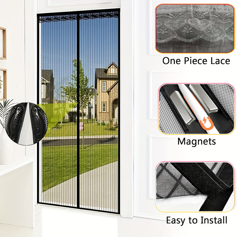 1 Black Magnetic Screen Door Curtain - Pet-friendly, No-drill Installation, Durable Fine Mesh With Strong Magnets, Breathable And Tear-resistant, Includes Push Pins And Double-sided Tape, Magnetic Doo