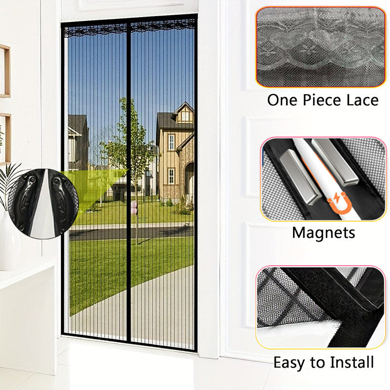 1 Black Magnetic Screen Door Curtain - Pet-friendly, No-drill Installation, Durable Fine Mesh With Strong Magnets, Breathable And Tear-resistant, Includes Push Pins And Double-sided Tape, Magnetic Doo