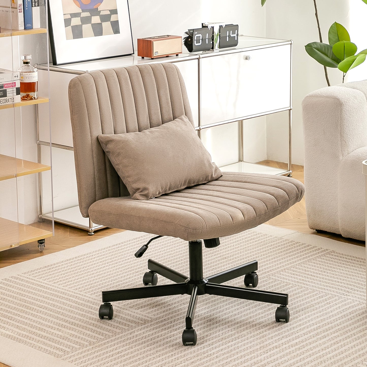 Modern Office Chair Home Office   Height-adjustable Swivel Chair Without Armrests With Quiet Castors & Upholstered Cushions  Elegant Fabric Office Chair For Study & Living Room