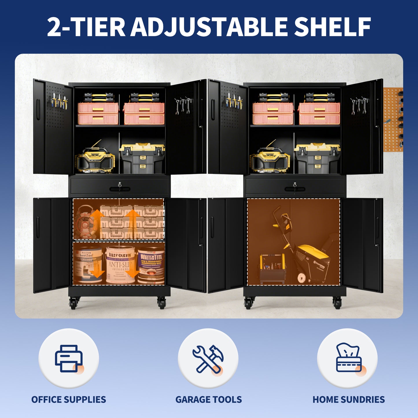 Metal Storage Cabinet With Drawer, 71  Garage Cabinet With Locking Doors And 2 Adjustable Shelves, Heavy Duty Tool Cabinet With Pegboard, 8 Hooks & Rolling Wheels For Home Office Utility