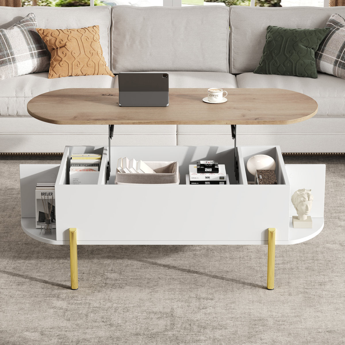 Coffee Table, Living Room Table, Coffee Table With Height-adjustable Top, Living Room Tables, Side Tables, Sofa Tables With Hidden Storage, Coffee Table With 7 Shelves, Wood Color  White