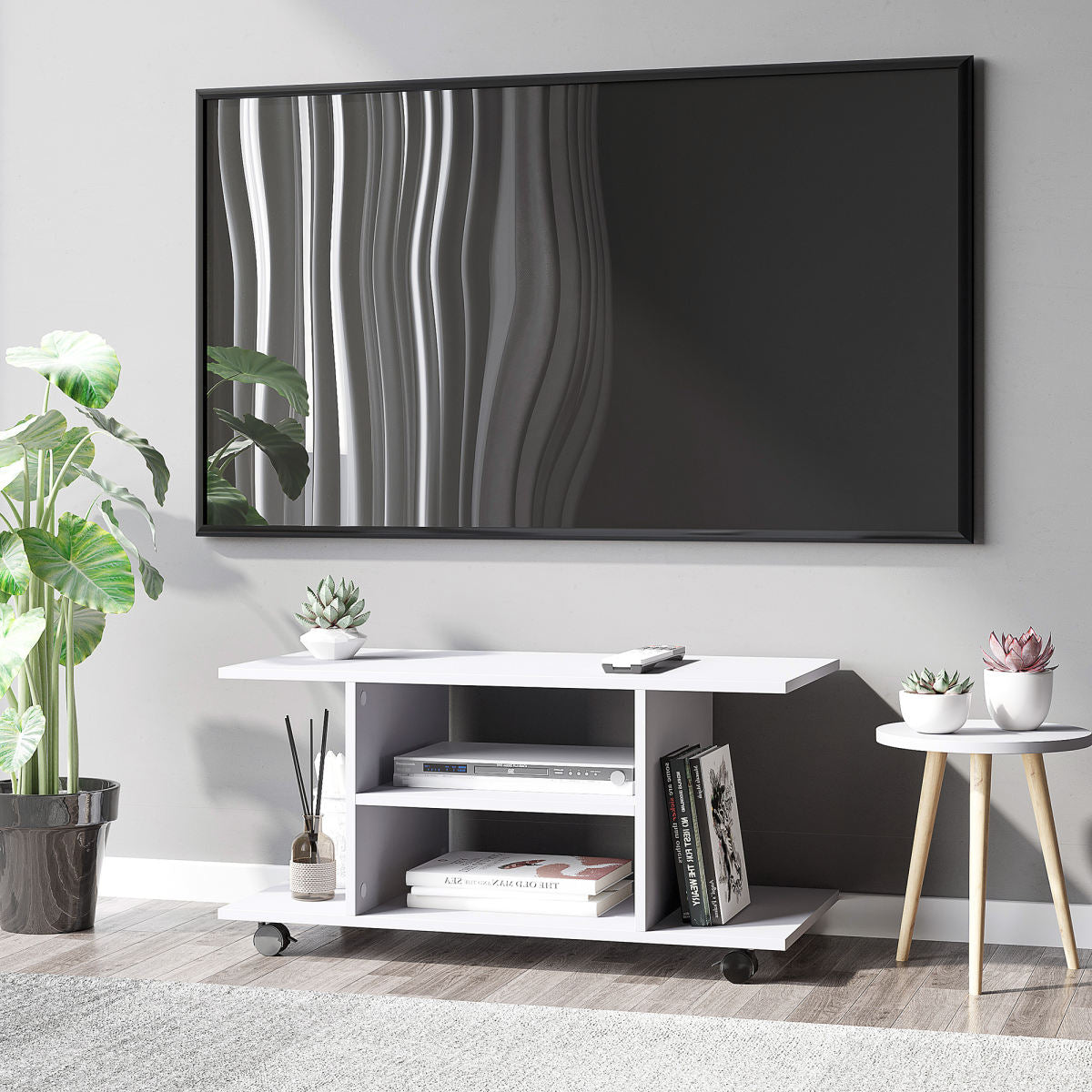 Modern TV Cabinet Stand Storage Shelves Table Mobile Bedroom Furniture Bookshelf Bookcase White