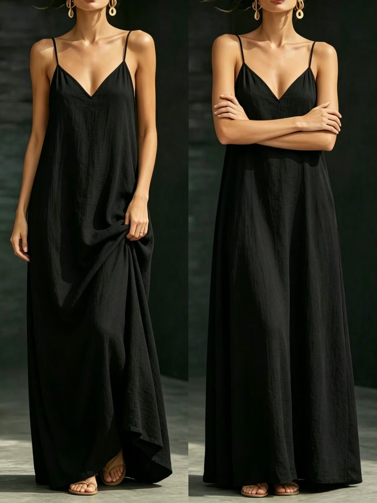 Summer V-Neck Spaghetti Strap Flowy Maxi Dress - Casual Fashion Solid Color Long Dress For Women Vaction Dress