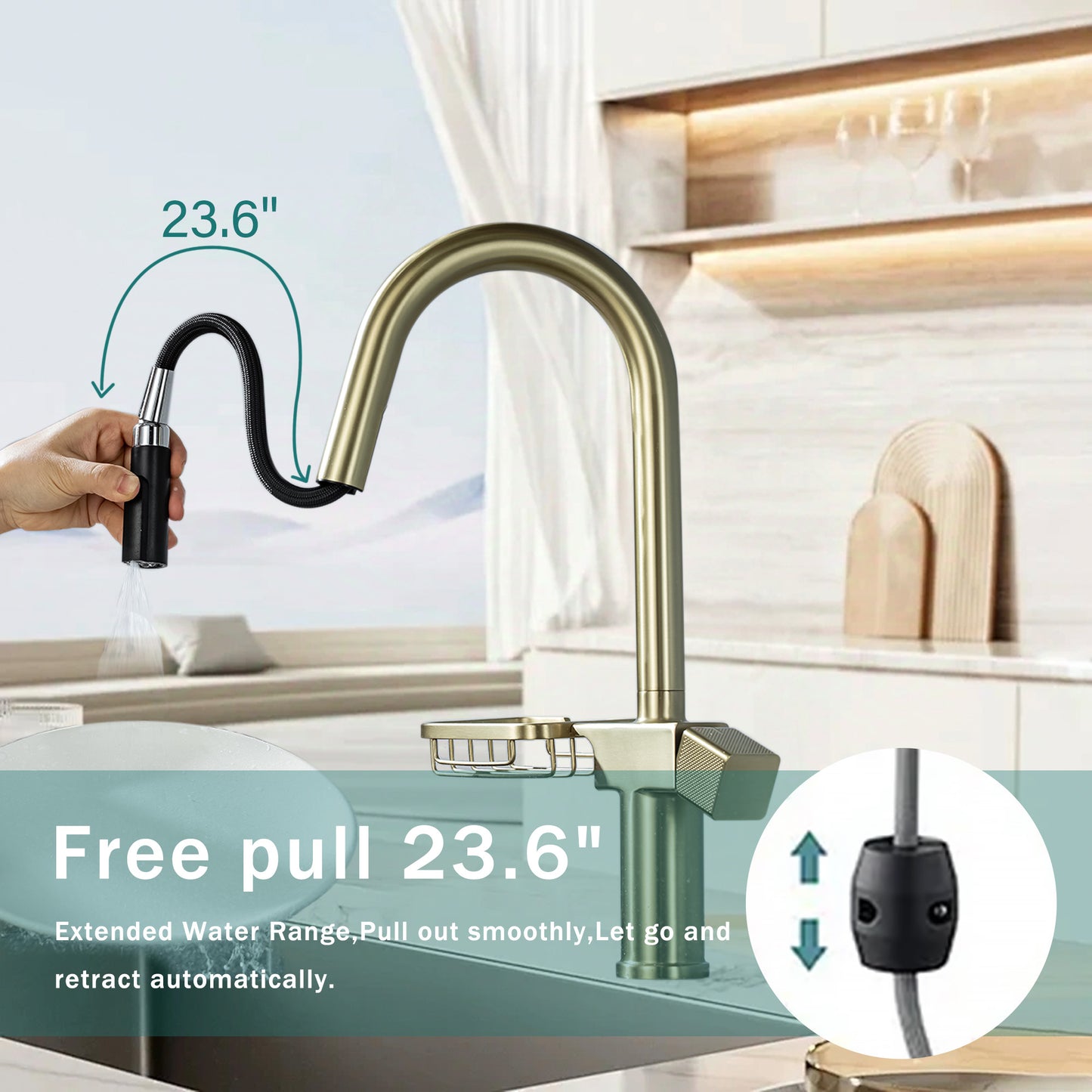 High Arc Pull-Down Kitchen Faucet - Single Hole Stainless Steel, Modern Sink Faucet  Brushed Gold