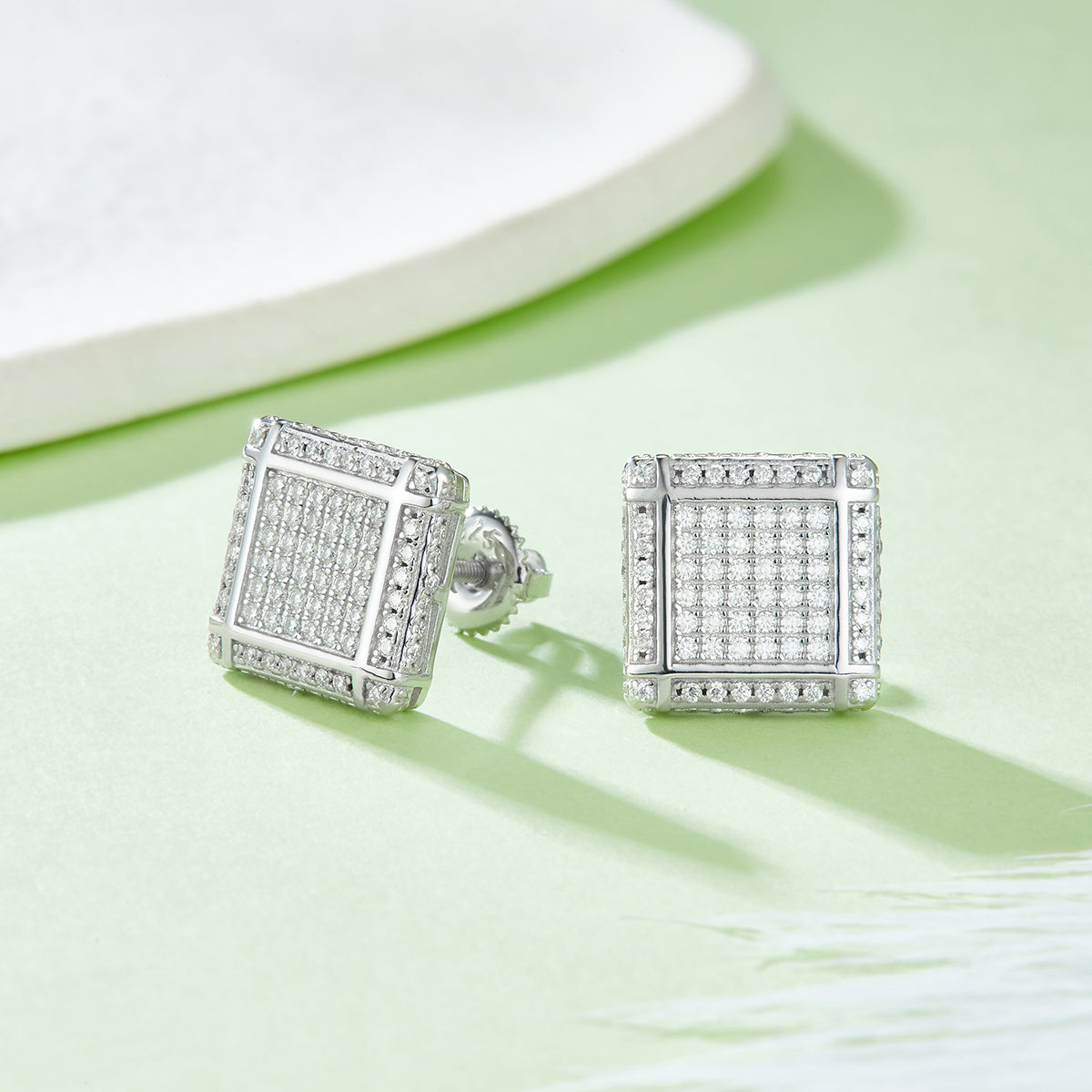 S925 Sterling Silver 176pcs D Color VVS1 Moissanite 3D Square Earrings 11.5mm Screw Back Hypoallergenic GRA Certified Gift Box