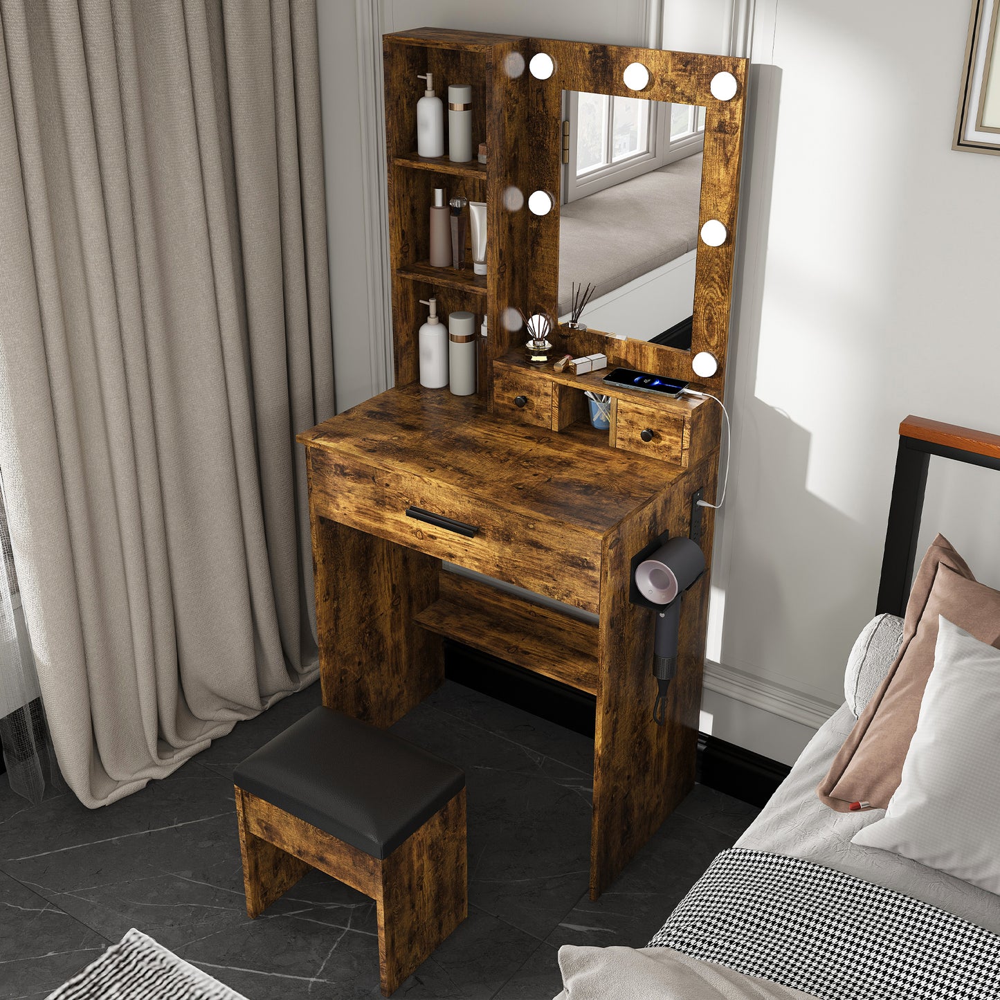 Vanity Table With Mirror & Adjustable LED Lights, Power Outlet, Hairdryer Holder & Stool -Compact Dressing Desk For Small Bedrooms Vintage