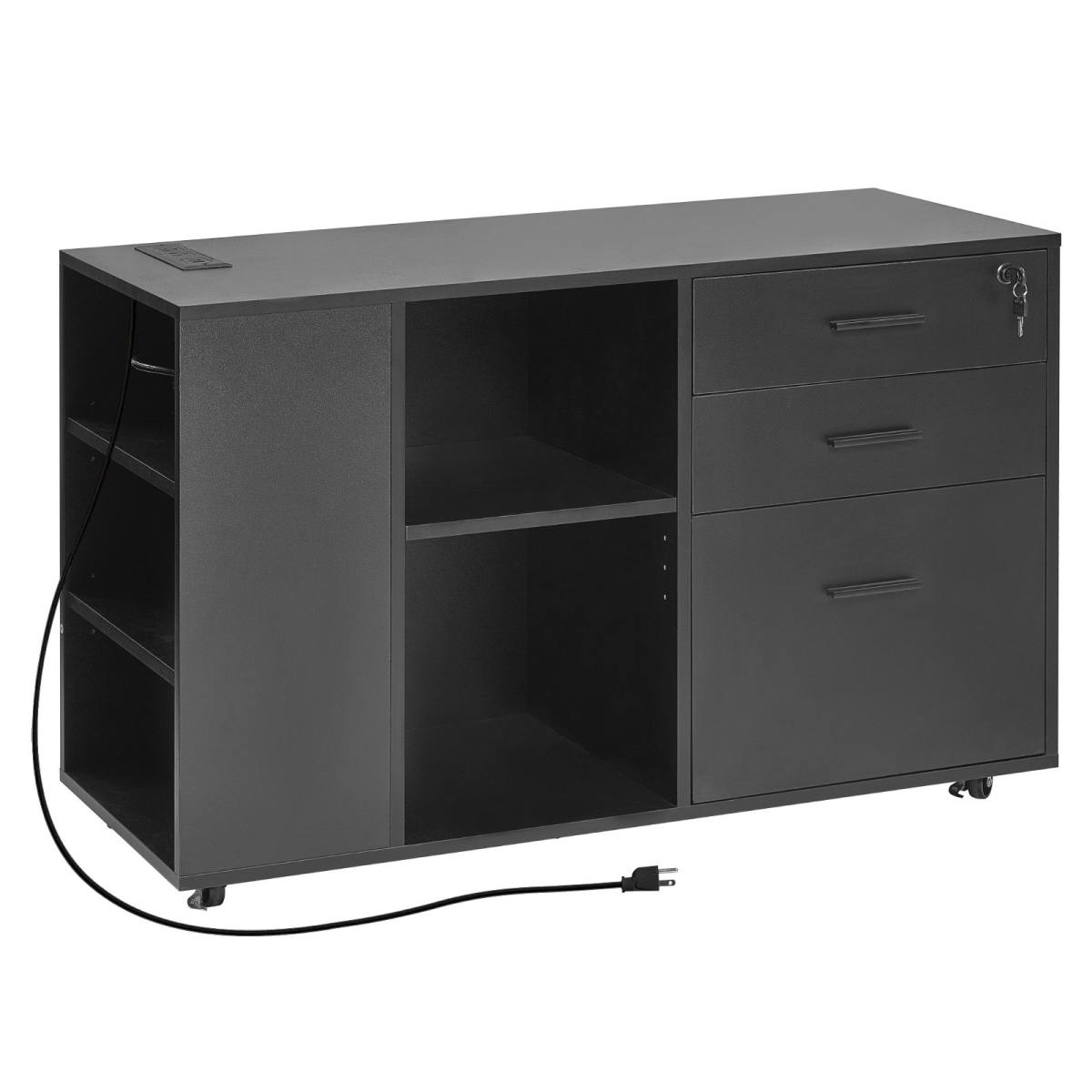 3 Drawer Wooden File Cabinet Mobile Filing Cabinet With Power Strip Black