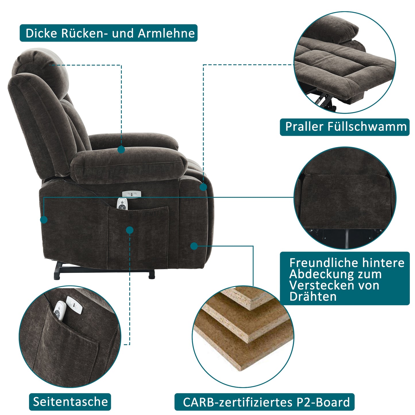 95x94x107cm Massage Chair Electric Recliner With 8-Point Massage And Heating Function, TV Chair With Lifting Function ,Fabric Sofa With Storage Compartment And Side Pockets,and USB,brown