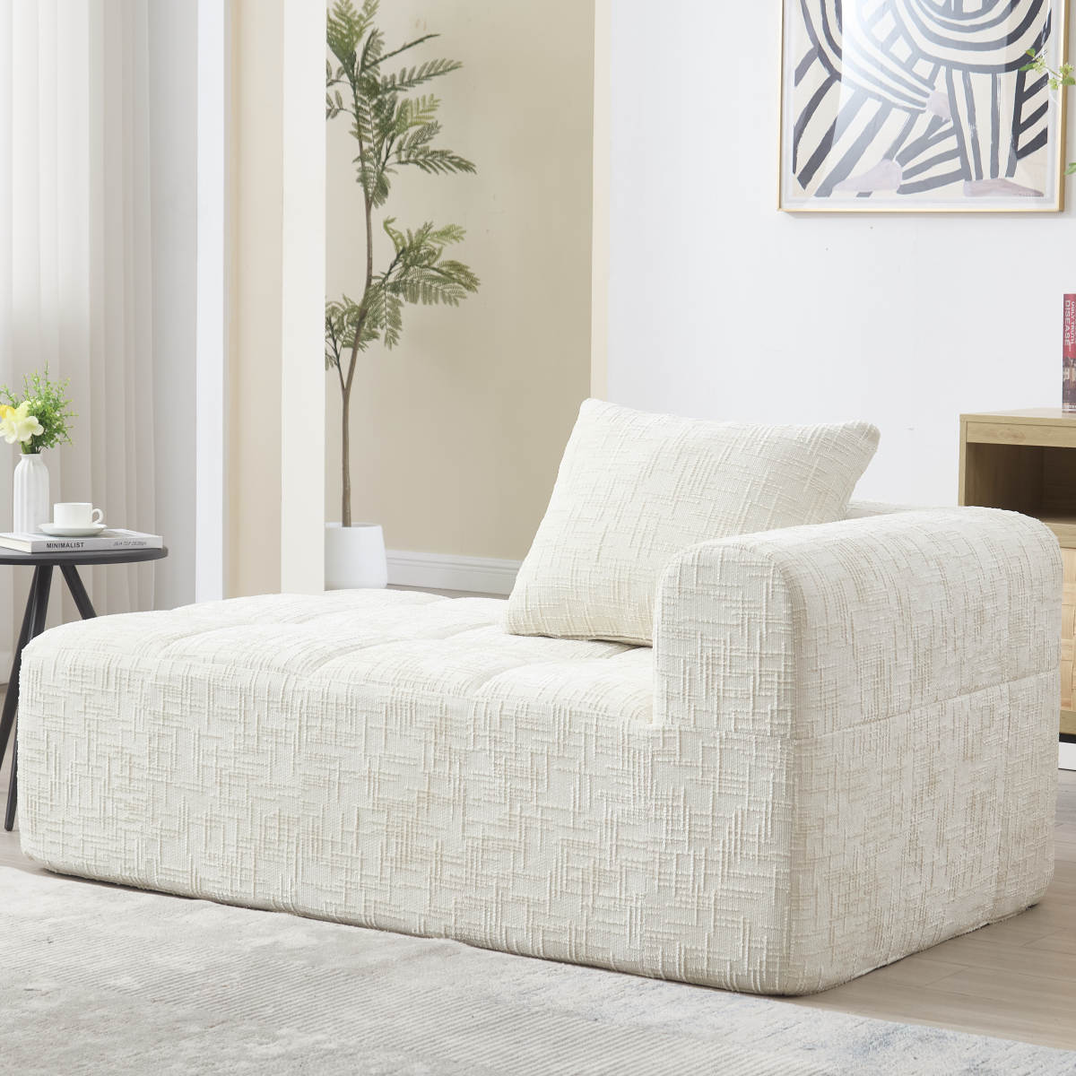 Comfortable Chaise Longue Sofa, No Assembly Required, Soft Sofa With Cushions, Side Pockets For Remote Control And Mobile Phone, Neat And Stylish, Beige