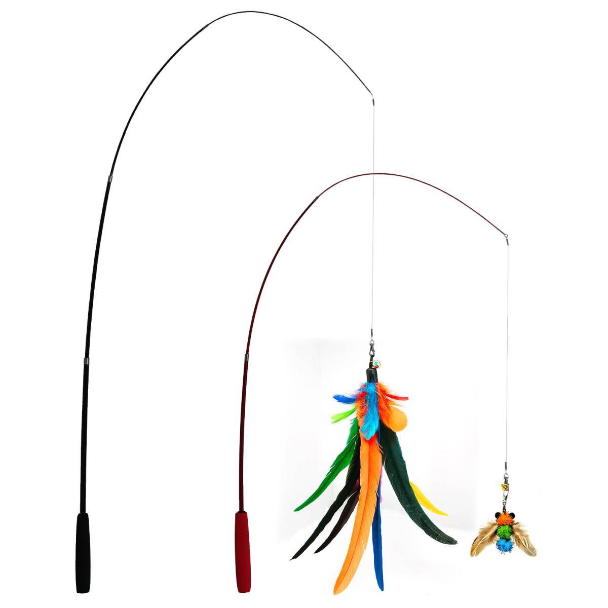 2PCS Retractable Cat Teaser Wands & 9PCS Feather Refills Toy Set  Dual-size Telescopic Rods, Da Bird Feather Attachments With Bells Replacement,interactive Fishing Pole Toys