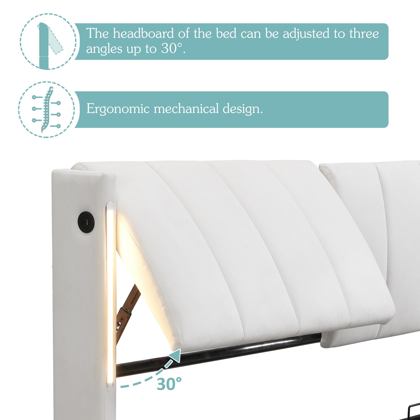 LED Upholstered Super King Size Bed - 6ft 180X200cm With Storage & Hydraulic Lift, USB Charging Ports, Adjustable Headboard & Lighting, PU , White