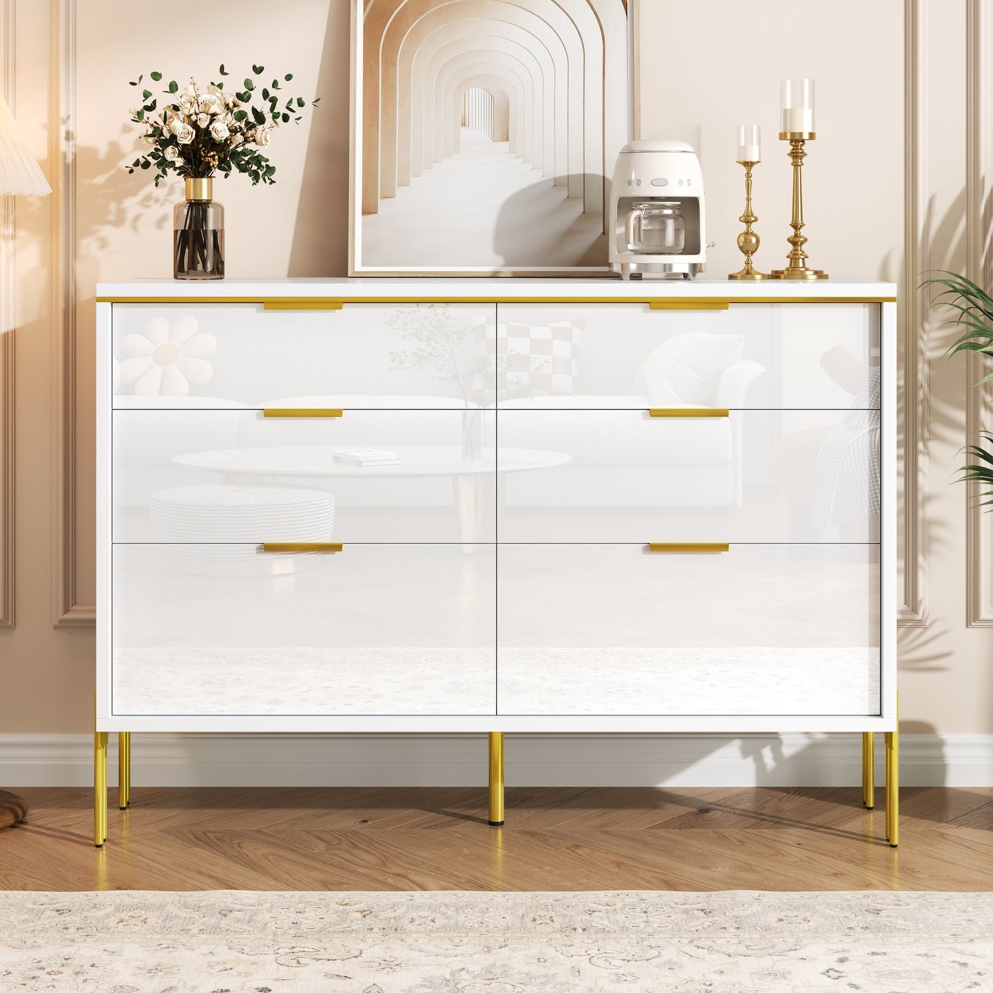 Modern Sideboard Cabinet With 6 Drawers In White And Gold, High-gloss Fronts, Large Storage Space For Living Room, Dining Area & Hallway, Stylish Storage Furniture For Organized Organization