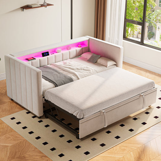 Multifunctional Sleeper Sofa 90x190 Cm With Pull-out Bed, USB-Type-C Port, Ambient LED Lighting, Velvet Upholstery & Storage  Stylish Design For Living Rooms, Guest Rooms Or Youth Rooms. Beige