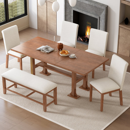TOPMAX Farmhouse 76inch 6-Piece Extendable Dining Table Set Trestle Kitchen Table Set With 18inch Removable Leaf And Upholstered Dining Chair And Bench For Dining Room, Brown Ivory