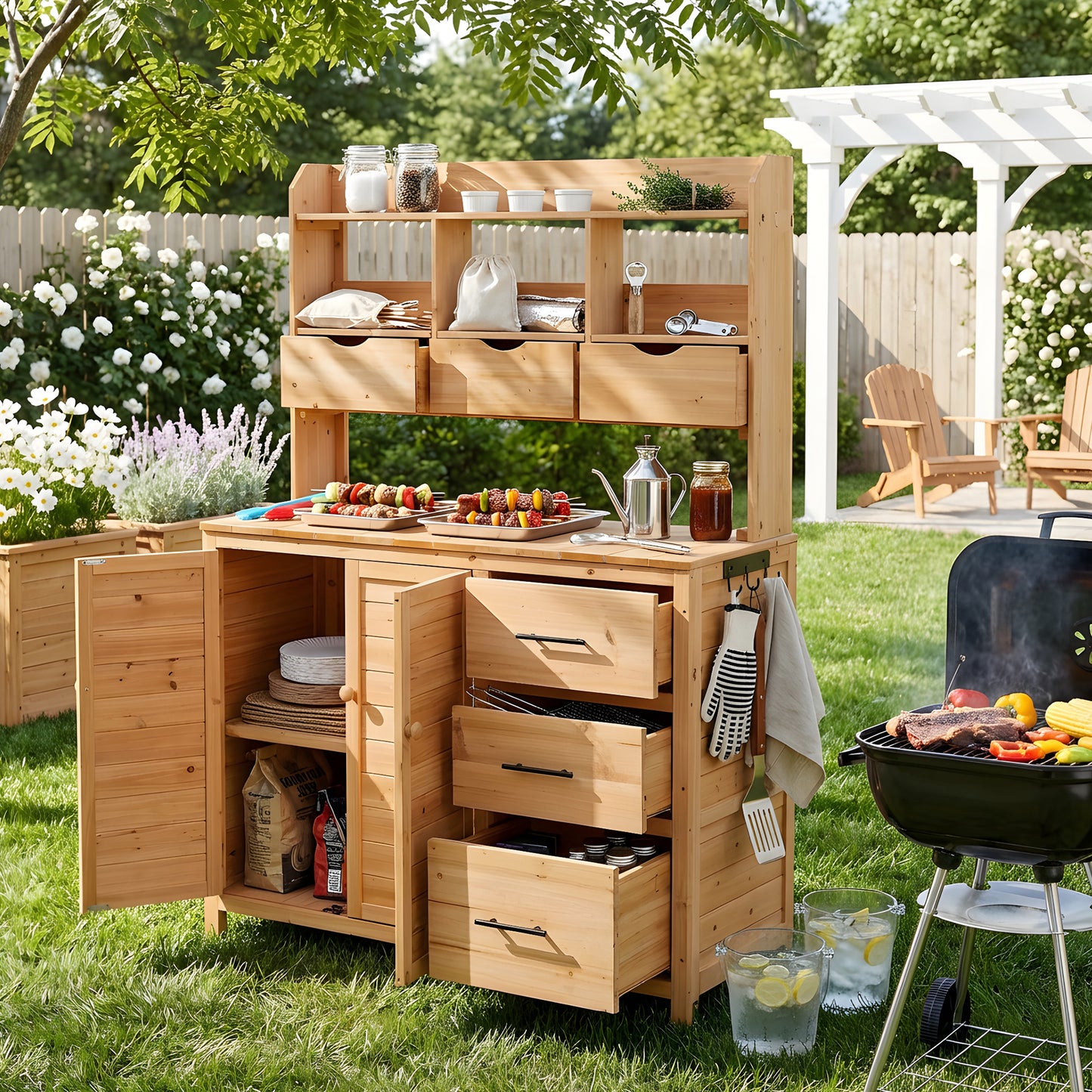 With Assembly Video  TOPMAx Farmhouse Patio Potting Bench  44.6 X19.5  Large Freestanding Garden Workstation With 6 Drawers  Bottom Cabinet And Side Hook  Outdoor Kitchen Island  Natural Wood