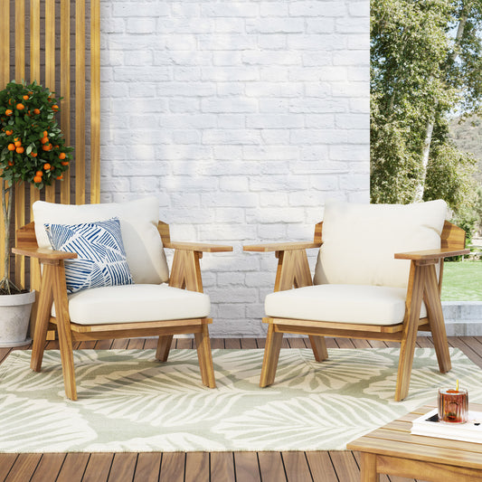 Outdoor Acacia Wood Club Chairs With Cushions  Set Of 2 , Teak Finish  Beige, 30.75 W X 30.25 D X 26.00 H