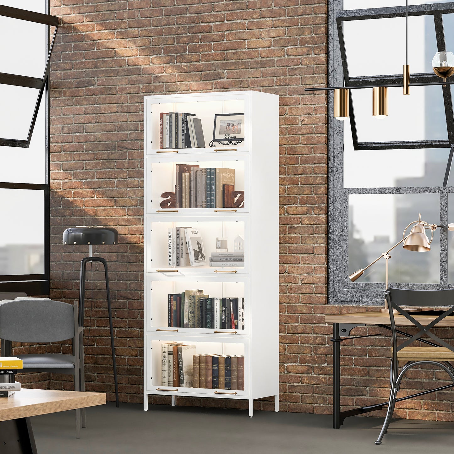 76.75  Tall Iron Display Cabinet With Glass Doors, 5-Tier Steel Barister Bookcase With LED Lights For Collectibles, Modern Style Curio Cabinet For Home Living Room Office Study & Playroom - White