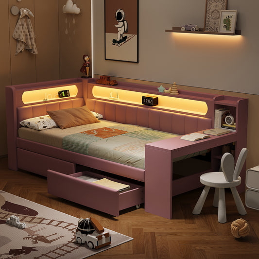 Padded 90x200 Daybed With USB Ports And LED Belt, With Desk And 2 Drawers, Pink