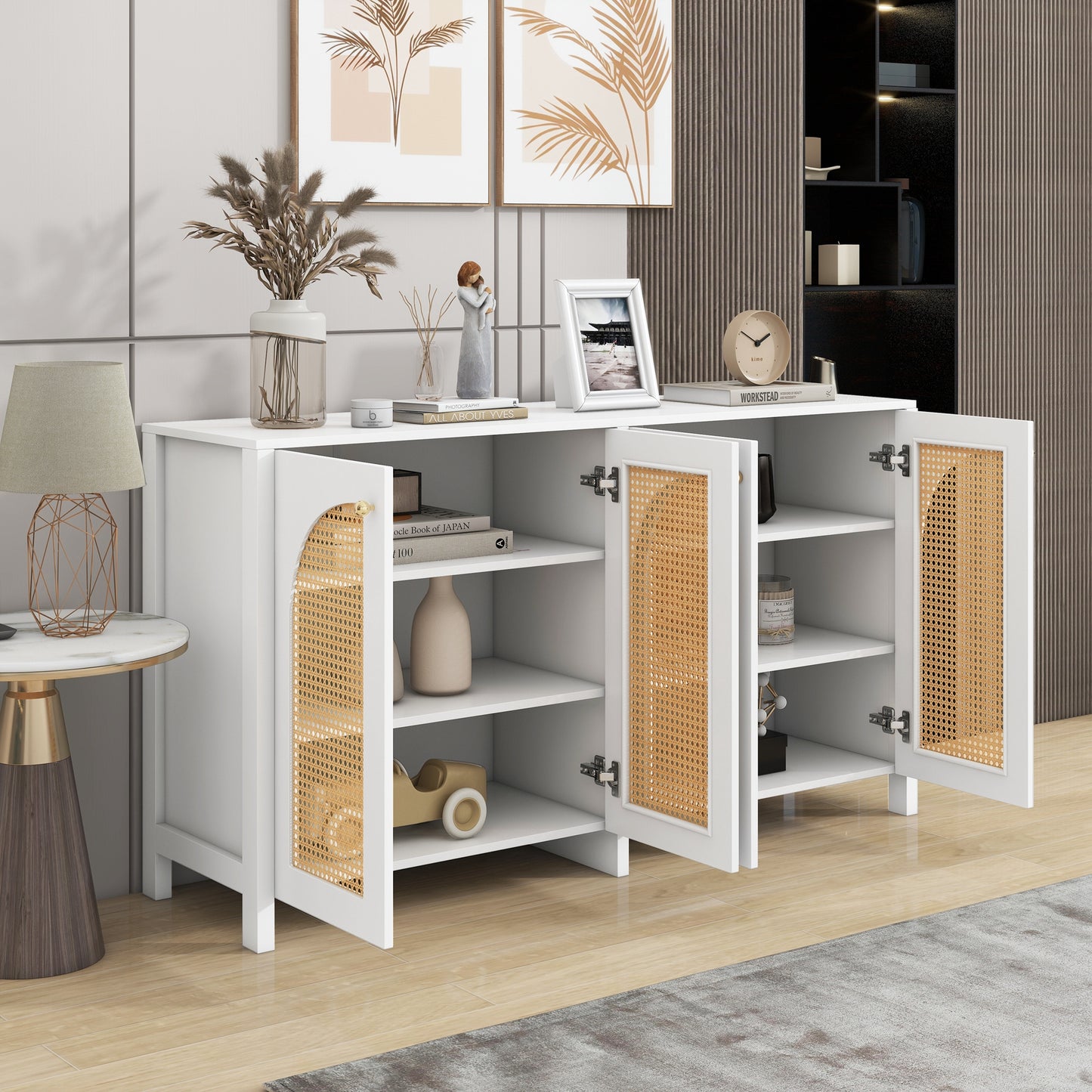 Modern Minimalist Style Sideboard 4-Rattan Door, Metal Handle Simple Buffet Cabinet For Dining Room, Living Room, Kitchen  White
