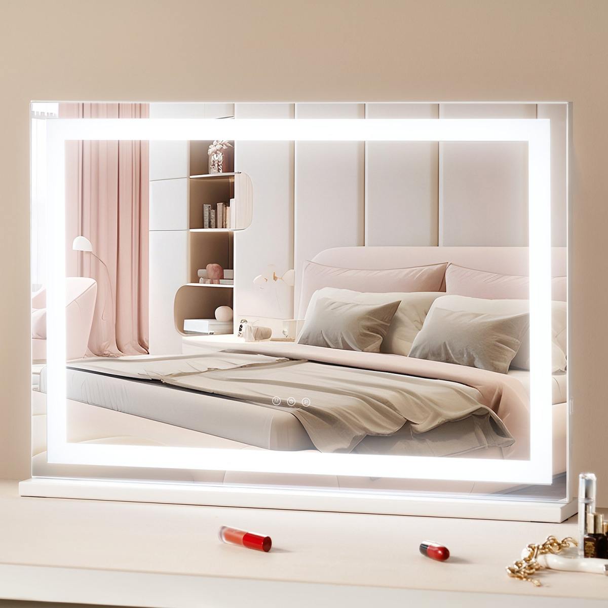 Hollywood Schminkspiegel, Kosmetikspiegel Mit 3 Farbbeleuchtungsmodi, Schminkspiegel Mit LEDs, 5-fache Vergrößerung, USB-Anschluss, Smart-Touch-Steuerung, Wandmontage Auf Schreibtisch, 797x547mm