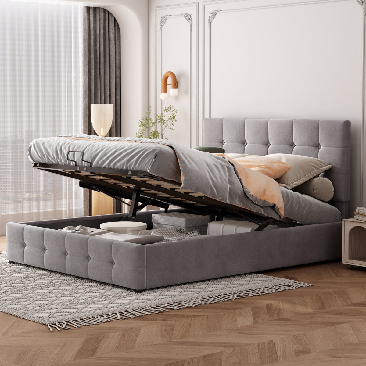 Upholstered Bed 140x200, Double Bed With Hydraulically Liftable Bed Storage Space, Height-adjustable Upholstered Headboard, Metal Slatted Frame, Skin-friendly Velvet Fabric Double Bed Youth Bed