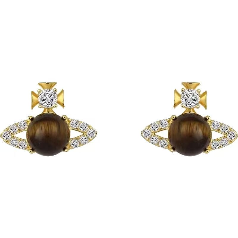 2026 New Hot Sale Saturn Stud Earrings For Women, Unique Fashion Tiger Eye Stone Earrings Niche Designer Luxury Ear Jewelry