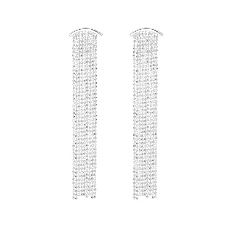 1 Pair 999 Sterling Silver Curved Beaded Long Tassel Earrings, Minimalist & Elegant, Perfect For Daily, Party & Dating, Ideal Valentine's Gift