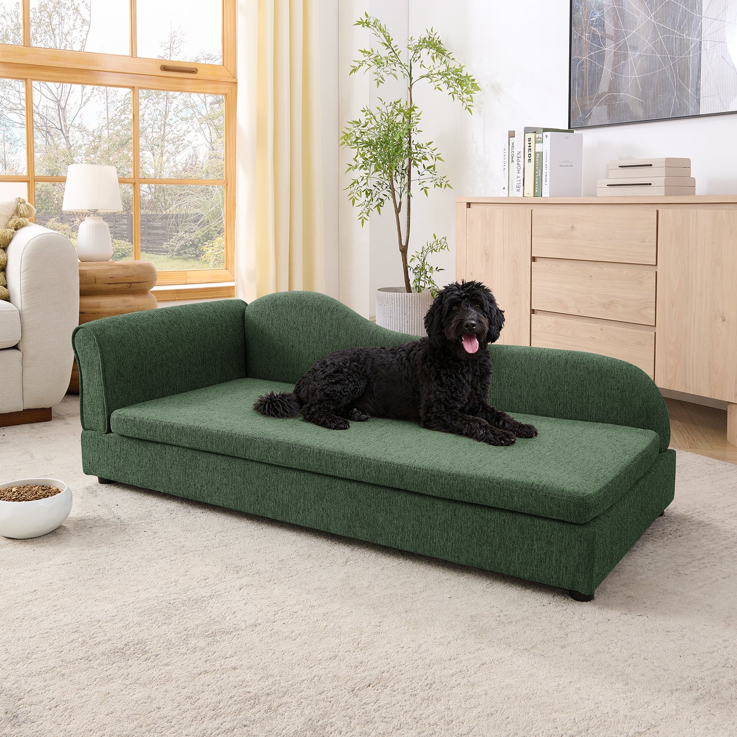 Oversized Pet Sofa For Medium Large Dogs - Modern Irregular Wave Backrest, Single Armrest, Premium Breathable Linen Fabric, Soft Cushion & Low Plastic Feet-Olive Green