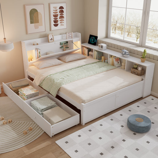 Double Bed, Panel Bed, Headboard With Storage Compartment  2 Lights, With Charging Socket, Side Storage Cupboards And Drawers, Pine Chipboard MDF, White, 140x200cm