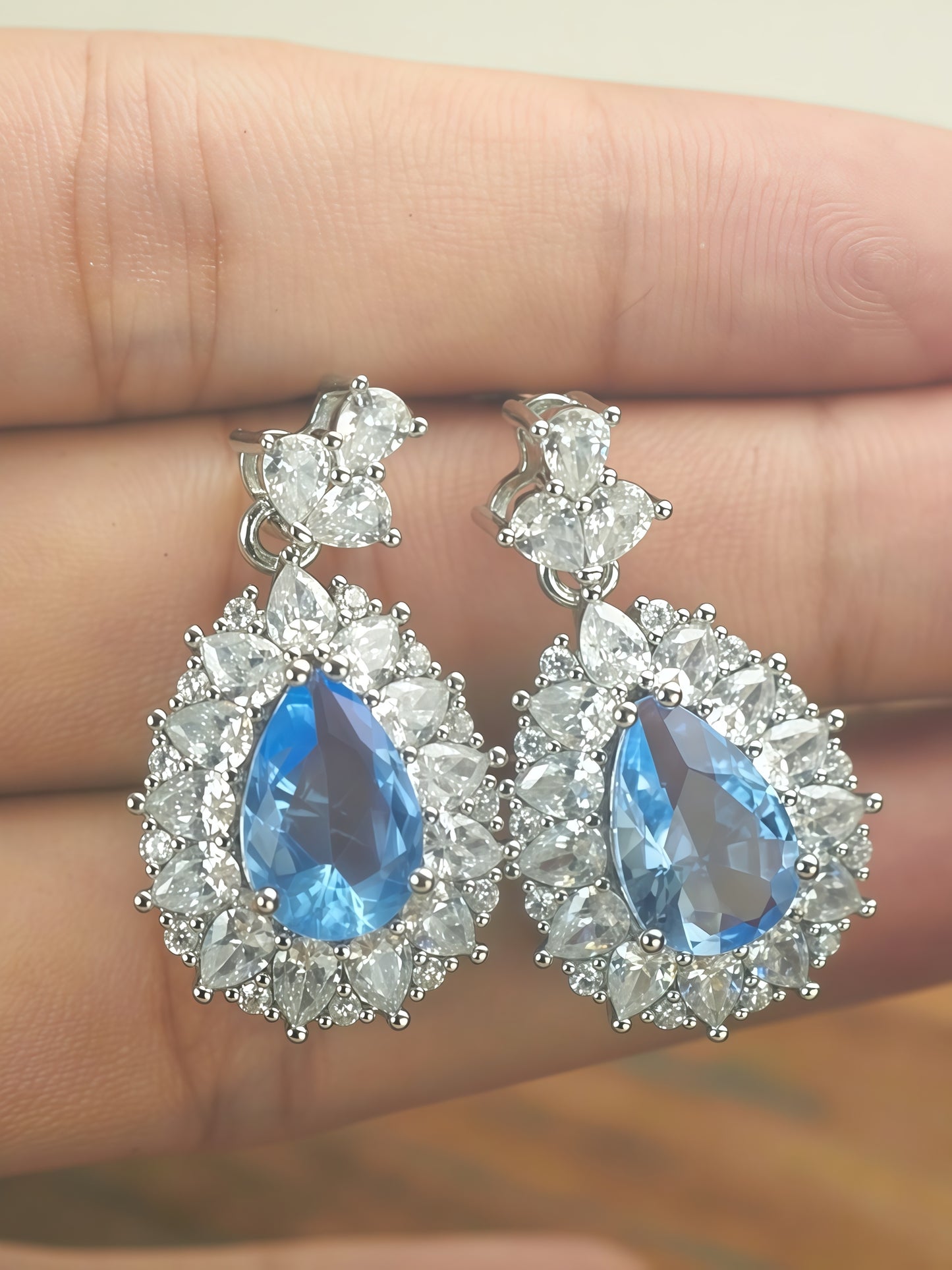 Pear Shaped Sky Blue Gem Double Halo Dangle Drop Earrings For Women, Copper Silver Plated Marquise White Crystal Vintage Bridal Banquet Statement Jewelry Gift