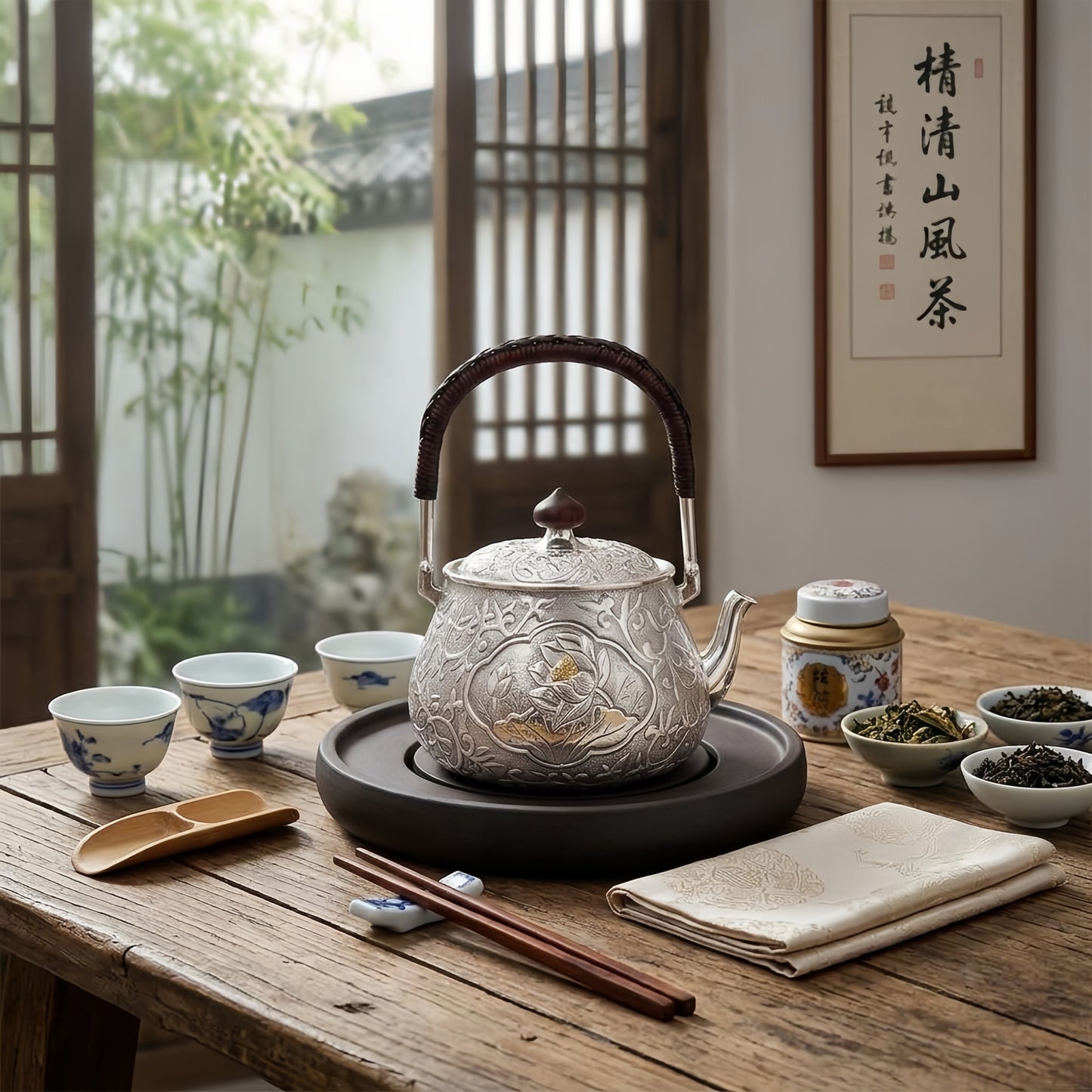 925 Sterling Silver Ornate Handcrafted Sterling Silver Tea Kettle with Lotus Flower Motif and Dark Woven Handle - Handicraft