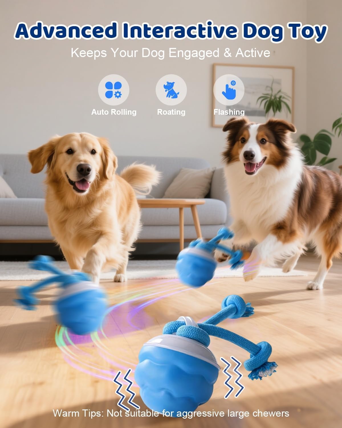 Interactive Dog Toys With Rope -Smart Dog Ball Built-in Barking Sound, Motion Activated USB-C Rechargeable Dog Toy With 3 Play Modes For Medium & Large Dogs