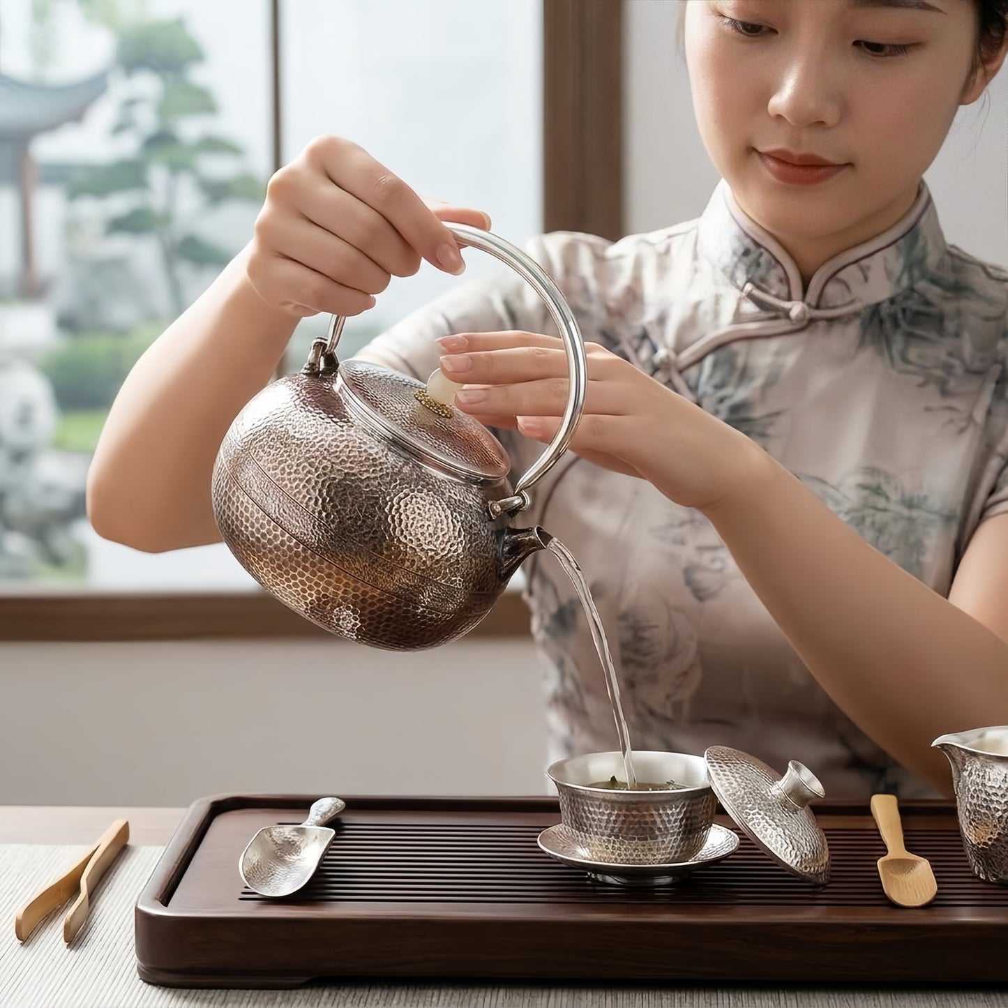 925 Sterling Silver Elegant Hand-Hammered Silver Tea Kettle with Jade Knob and Arched Handle - Handicraft