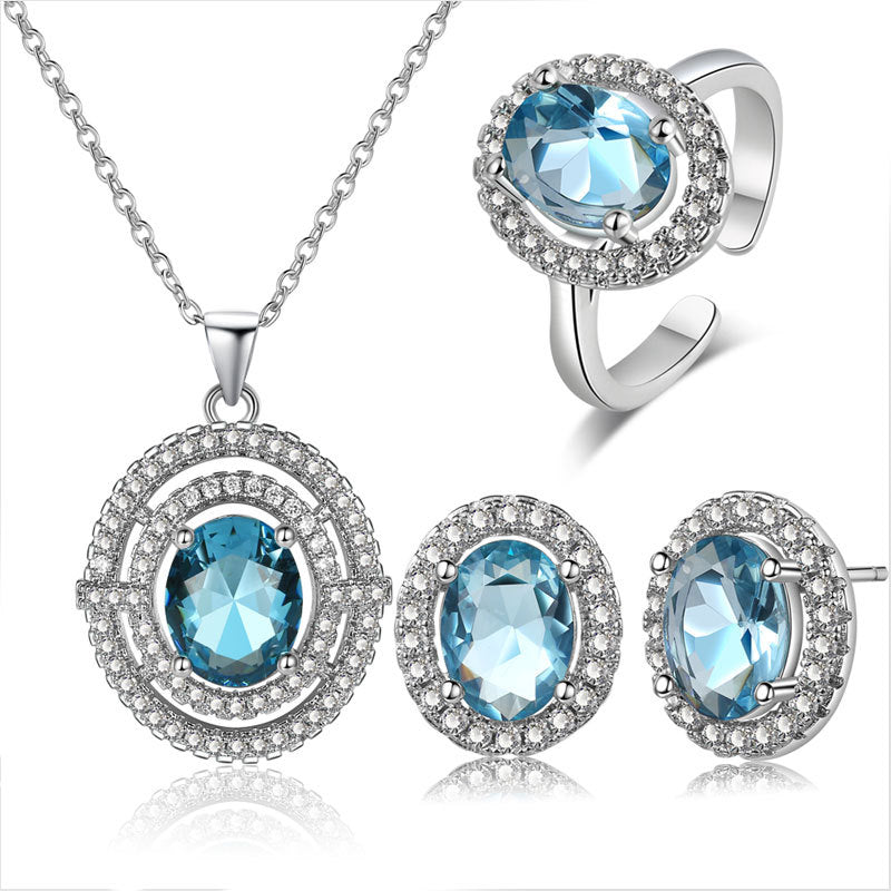 Cross-border Jewelry Wholesale Korean Elegant Women's Egg-shaped Blue Zircon Ring Fashion Niche Suit Jewelry