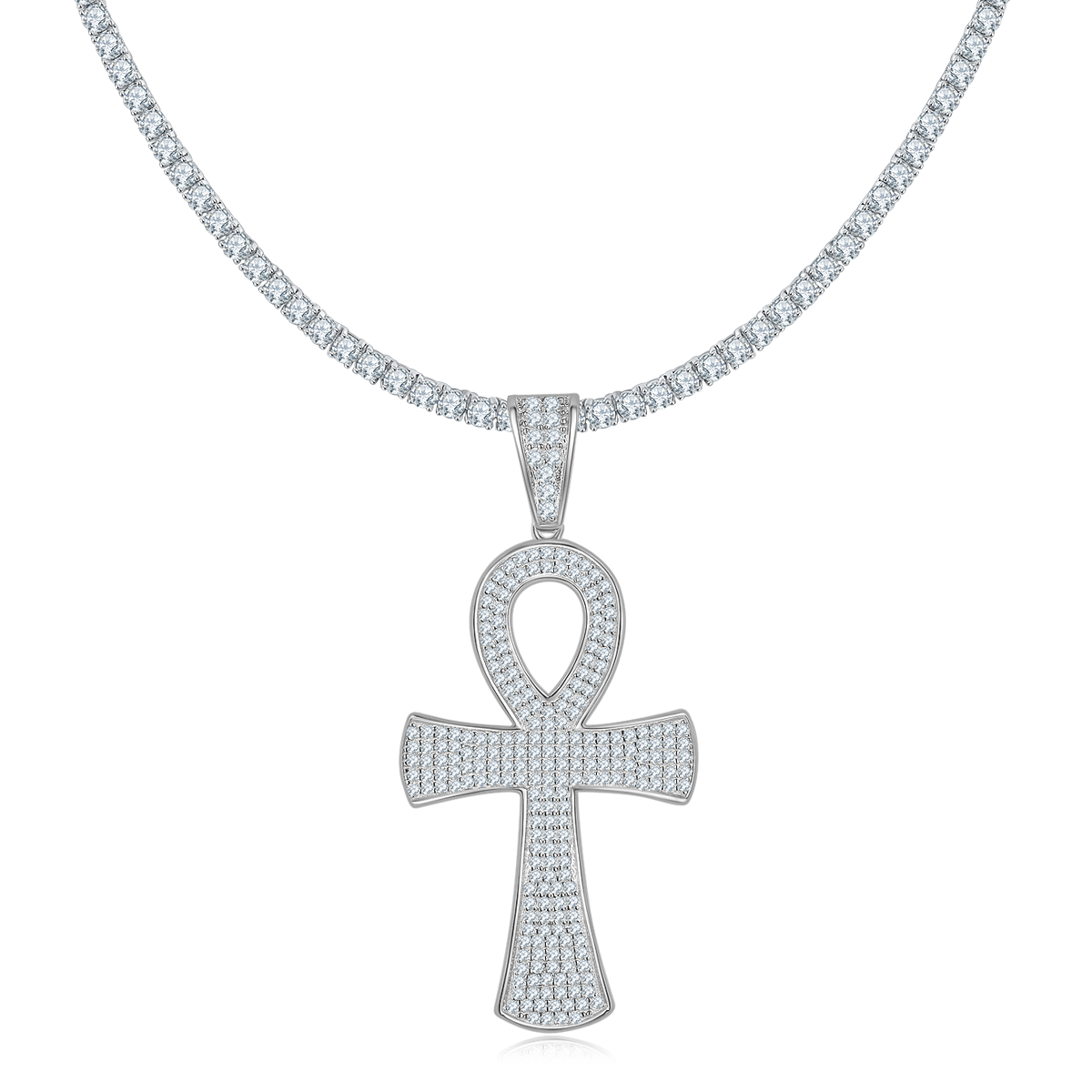 S925 Sterling Silver 240pcs D Color VVS1 Moissanite Iced Out Ankh Pendant 7.2g No Chain Platinum Plated GRA Certified Gift Box