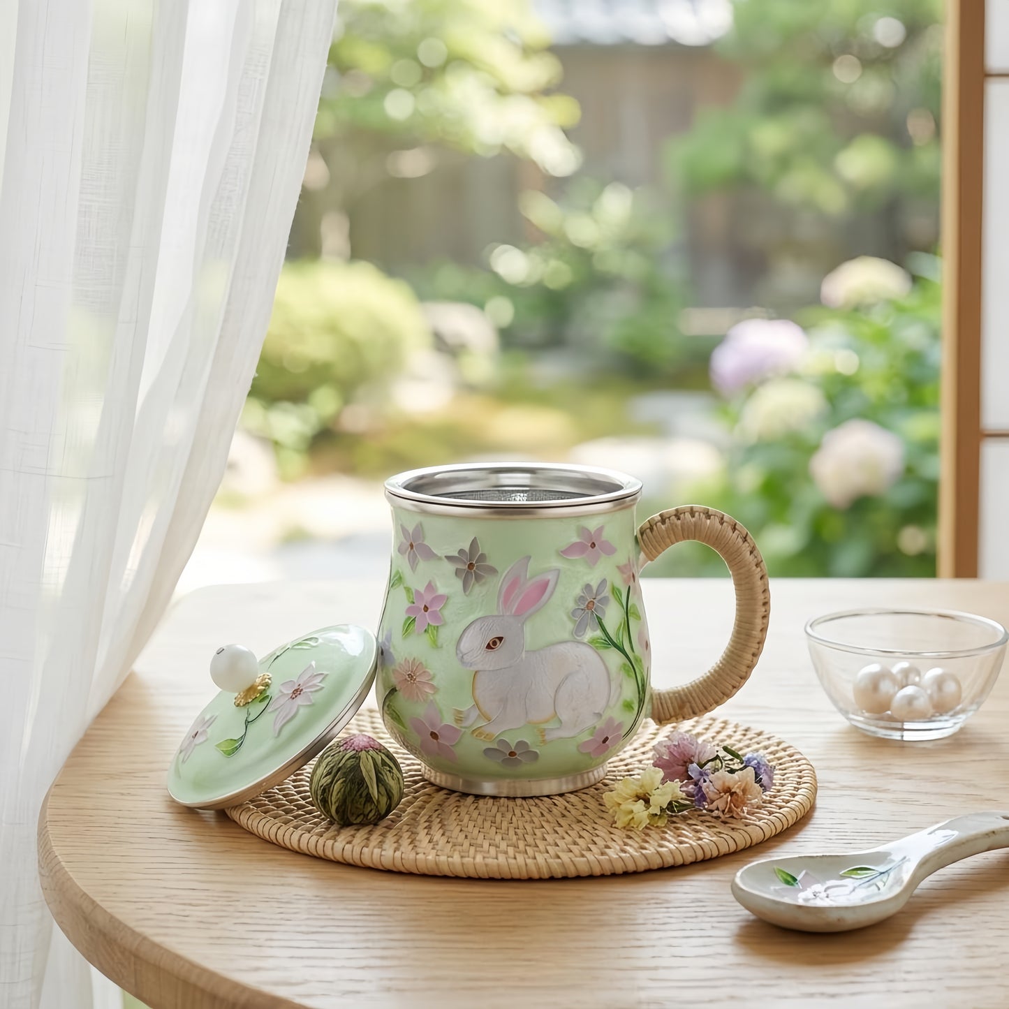 Pure 999 Fine Silver Enchanted Bunny Floral Mug with Woven Handle-Premium Indigo Tea Mug - Handicraft