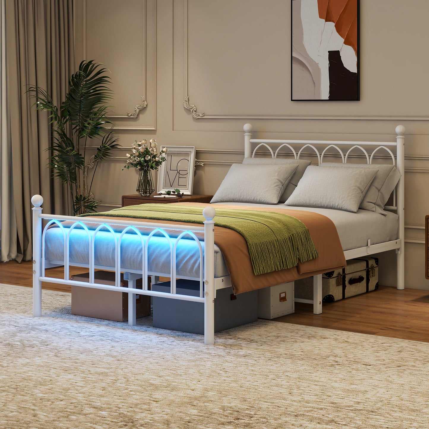 120x200cm Metal Bed Frame With Vintage Head And Footplate, USB Charging Dock, LED Bed Frame, Heavy Duty Steel Slat Support, Range Underbed Storage, No Box Spring Required, White