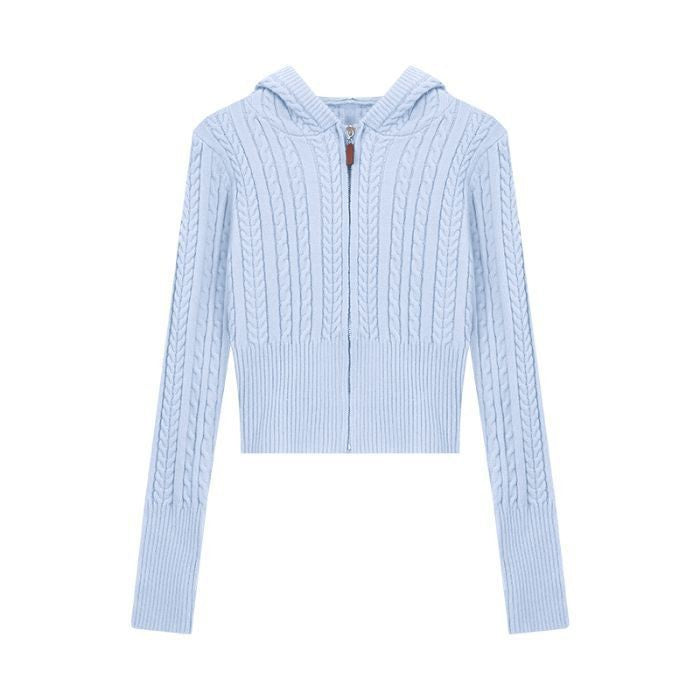 Soft Textured Knitted Hoodie With A Lazy Korean-style Zip-up Design