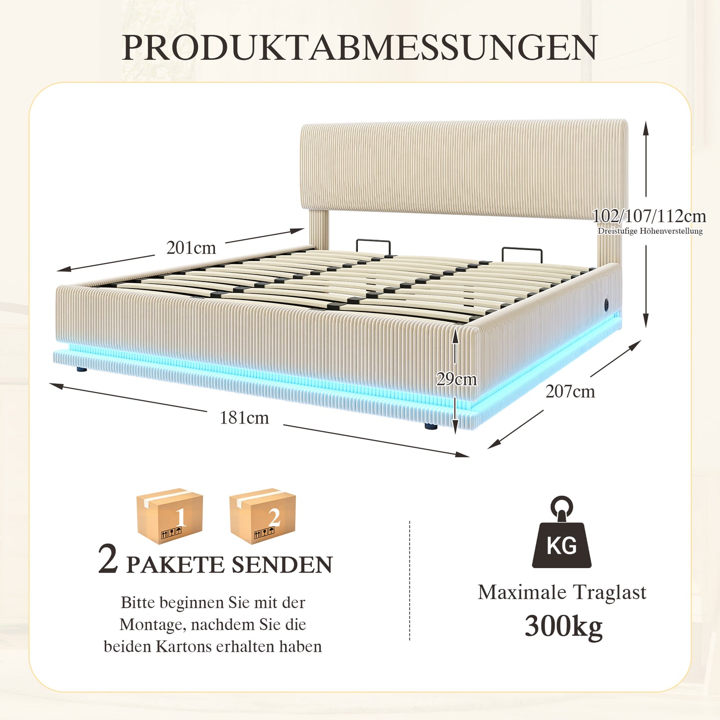 Modern Upholstered Beds With LED Lighting And USB-C Charging Function, Height-adjustable Headboard, Corduroy Fabric, Sturdy Slatted Frame, Large Underblanket Storage Space And Comfortable Upholstered