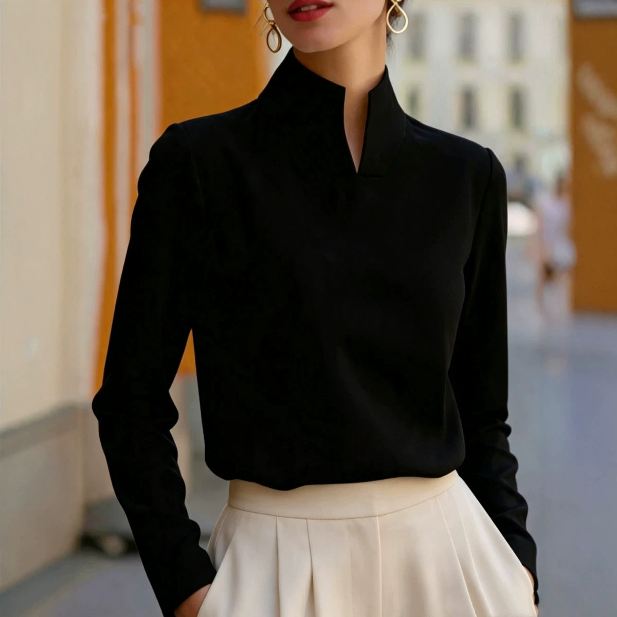 New Chinese-style Mandarin-collar Long-sleeve Blouse Niche Office-chic Top For Women