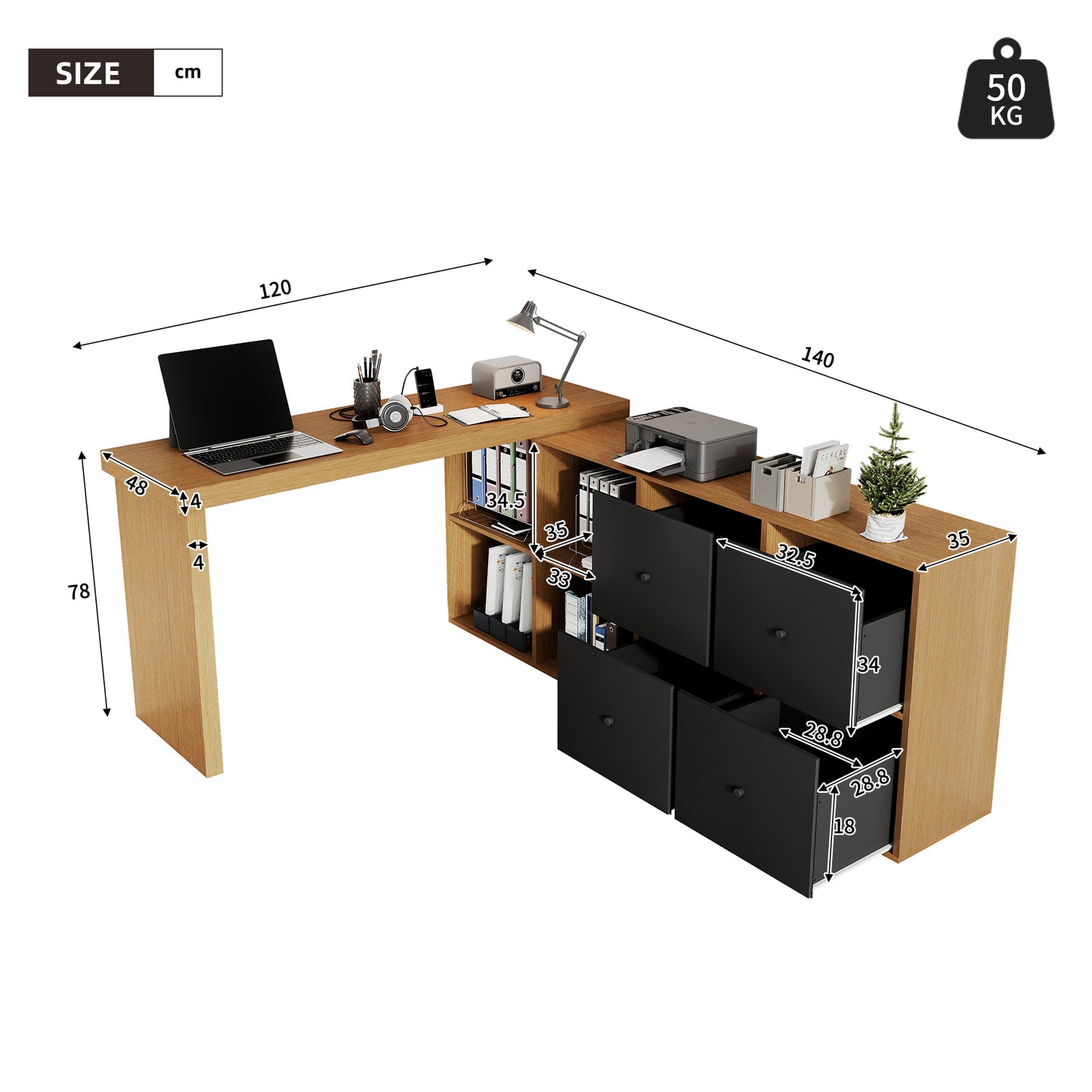 Corner Table, Table Top 360 Swivel - L-shaped Or Straight, MDF, Table Top And Legs 4 Cm Reinforced, With 4 Compartments, 4 Drawers, Flexible Positioning, Desk, Computer Desk