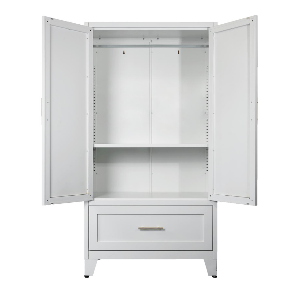 60inch Tall Metal Wardrobe Cabinet With 1 Drawer And Hanging Rod, 2 Doors Wardrobe Closet With Shelf For Bedroom, Office, Laundry Room,Entryway ,Foyer,Guesthouse White