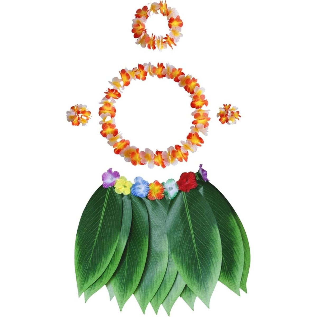 6-Piece Hawaiian Costume Set: Hawaiian Grass Skirt With Flower Necklace, Pineapple Sunglasses, Party Costume,Tropical Party, Beach Party, Palm Leaf Skirt, Party Accessories, Hawaiian Hula Skirt